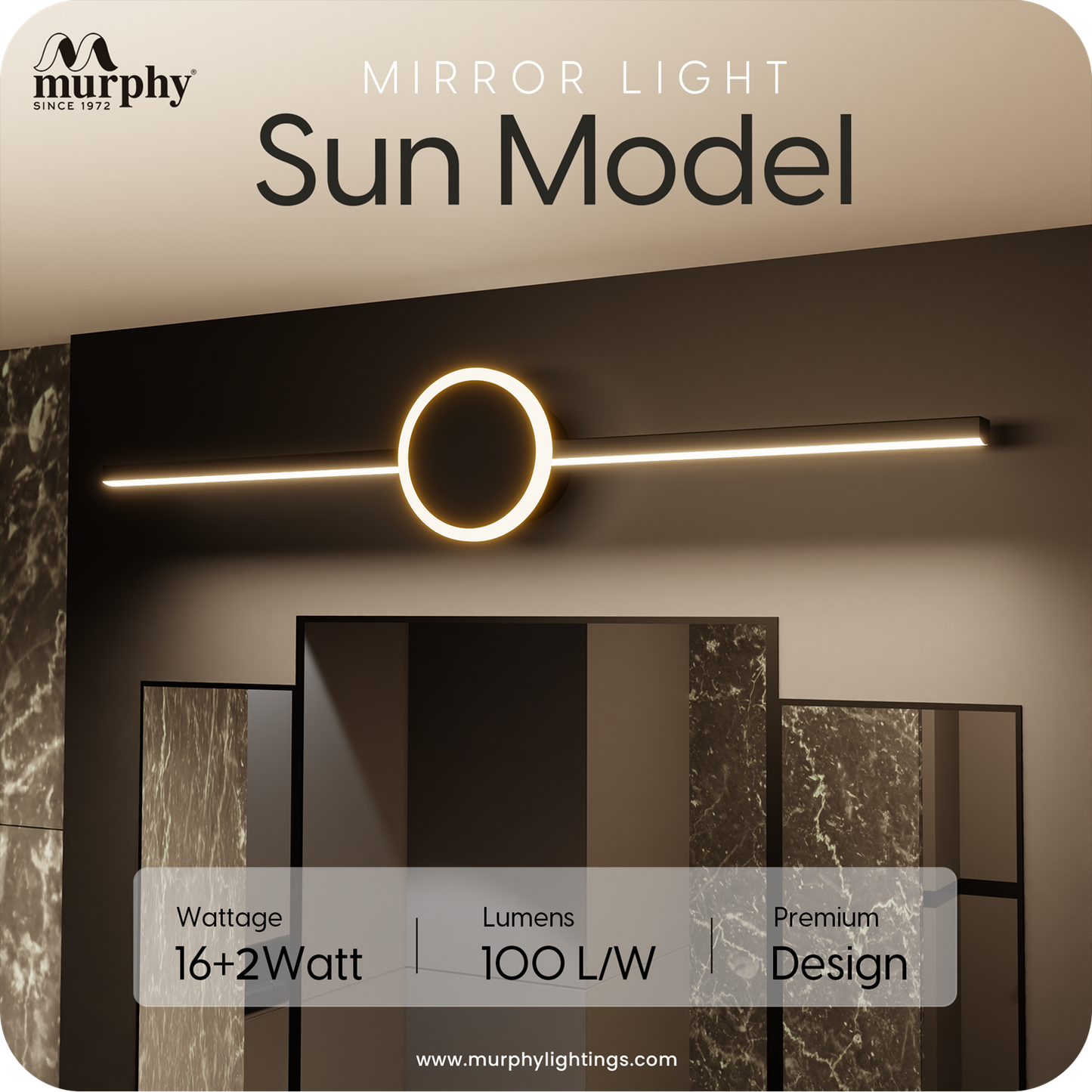 Murphy Sun Model 16+2W with Black Finish LED Picture Photo Frame Light/Bathroom Dressing Table Light with 3 Color Changing Light (White,Warm White and Natural White)