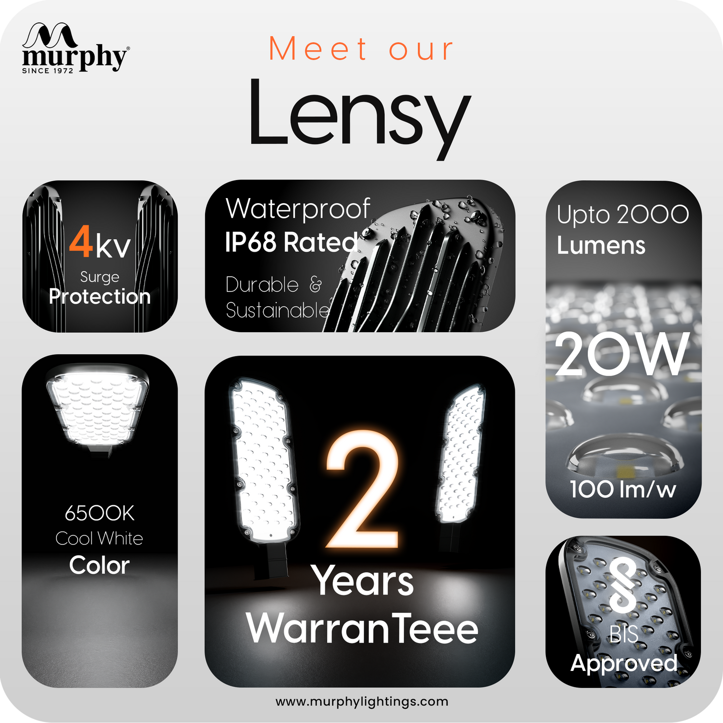 Murphy LED Lensy 20 Watts Ip-65 Bis Approved Waterproof Outdoor Street Light, Cool White