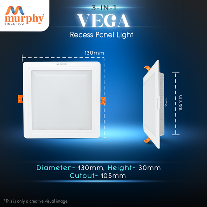 Murphy 10W Vega 3 Color Changing Square Recess Panel Light : CW+WW+NW