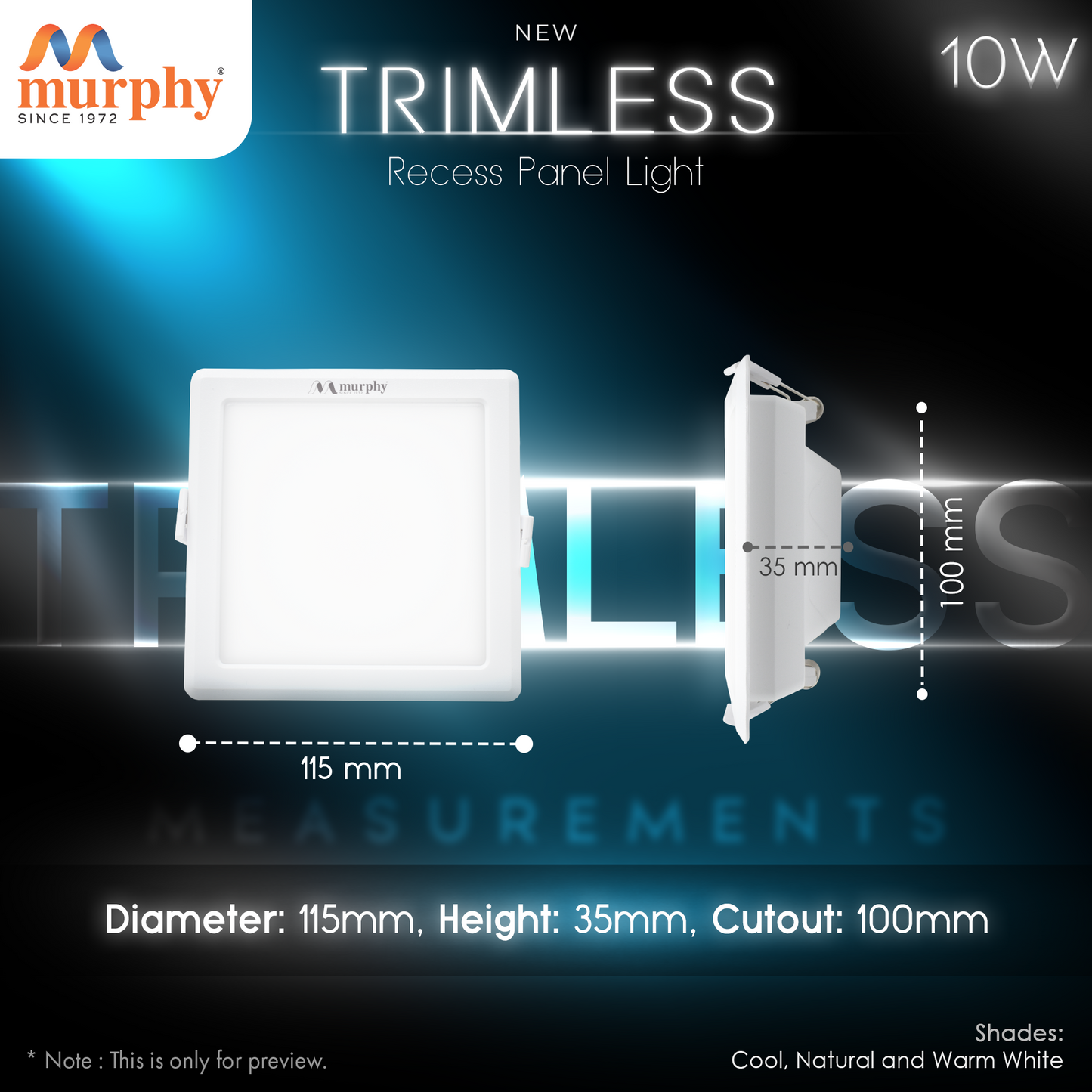 Murphy 10W Trimless Square Recess Panel Light