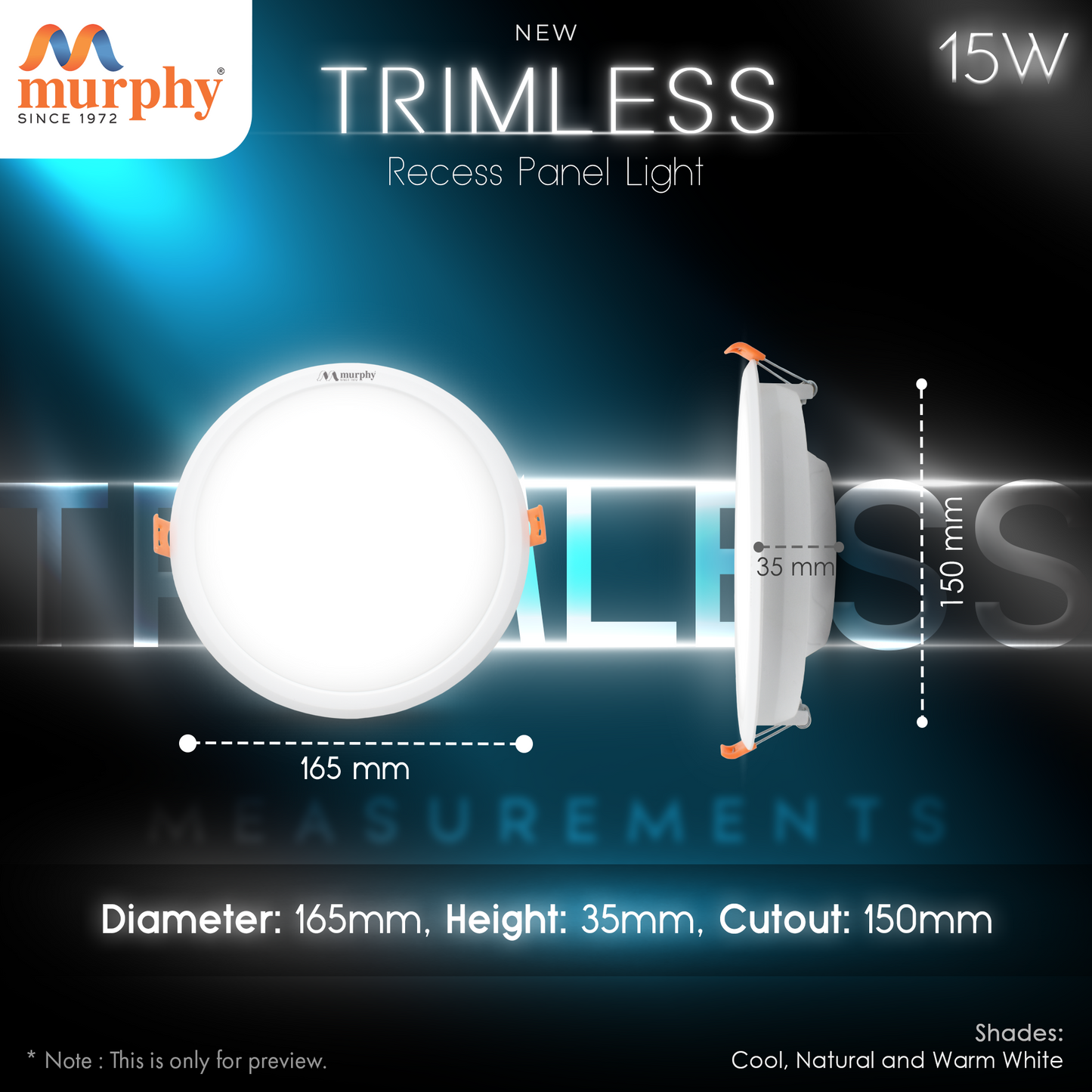 Murphy 15W Trimless Round Recess Panel Light