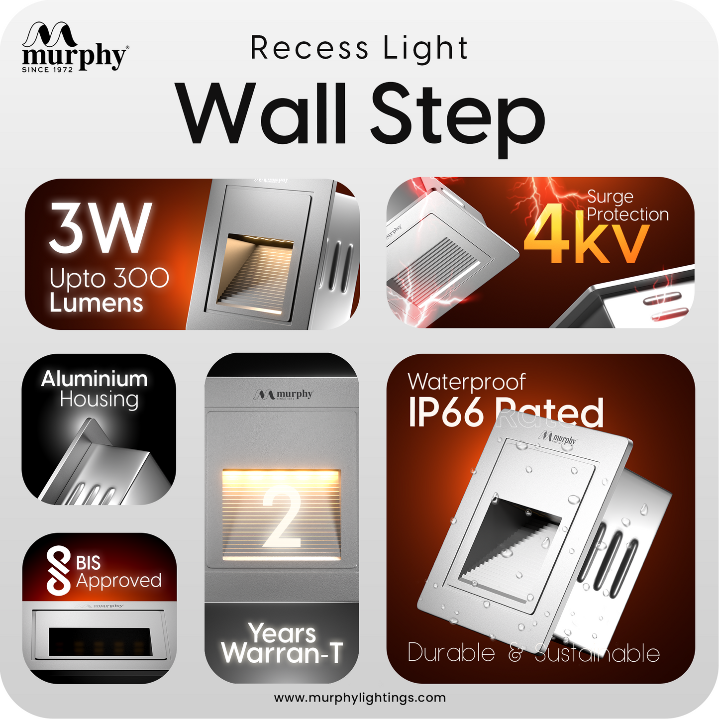 Murphy 3W LED Foot Wall Step Concealed Light - Recess-White Body