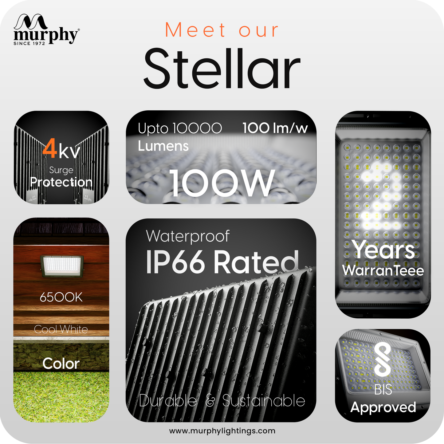 Murphy Steller LED 100W LED Flood Light, IP65 Rated Outdoor Light (Cool White, BIS Approved)