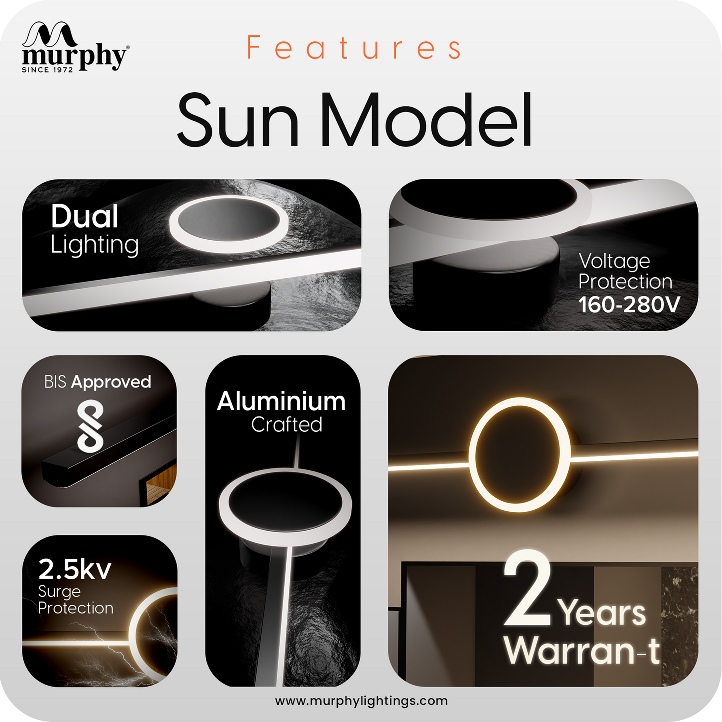 Murphy Sun Model 16+2W with Black Finish LED Picture Photo Frame Light/Bathroom Dressing Table Light with 3 Color Changing Light (White,Warm White and Natural White)