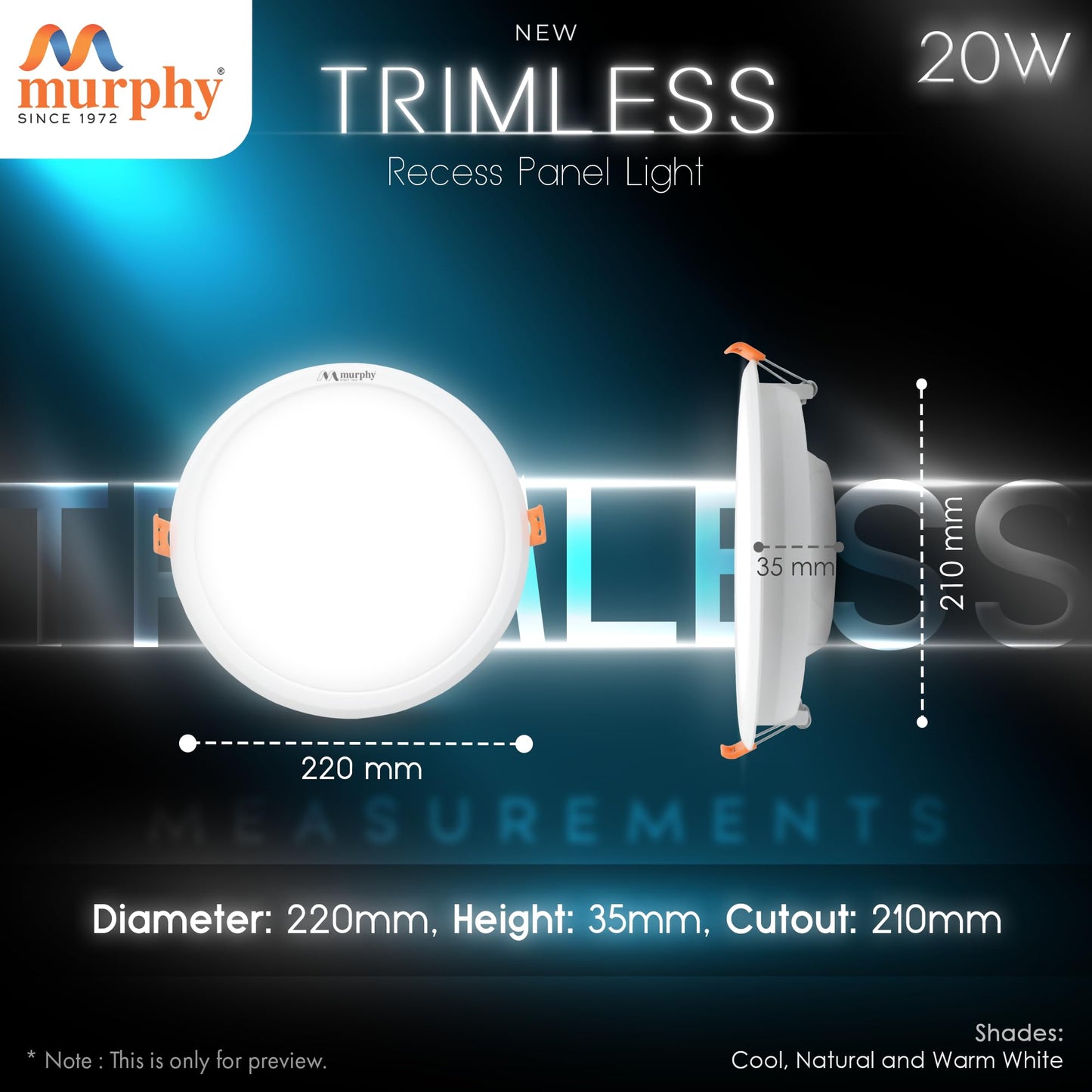 Murphy 20W Trimless Round Recess Panel Light