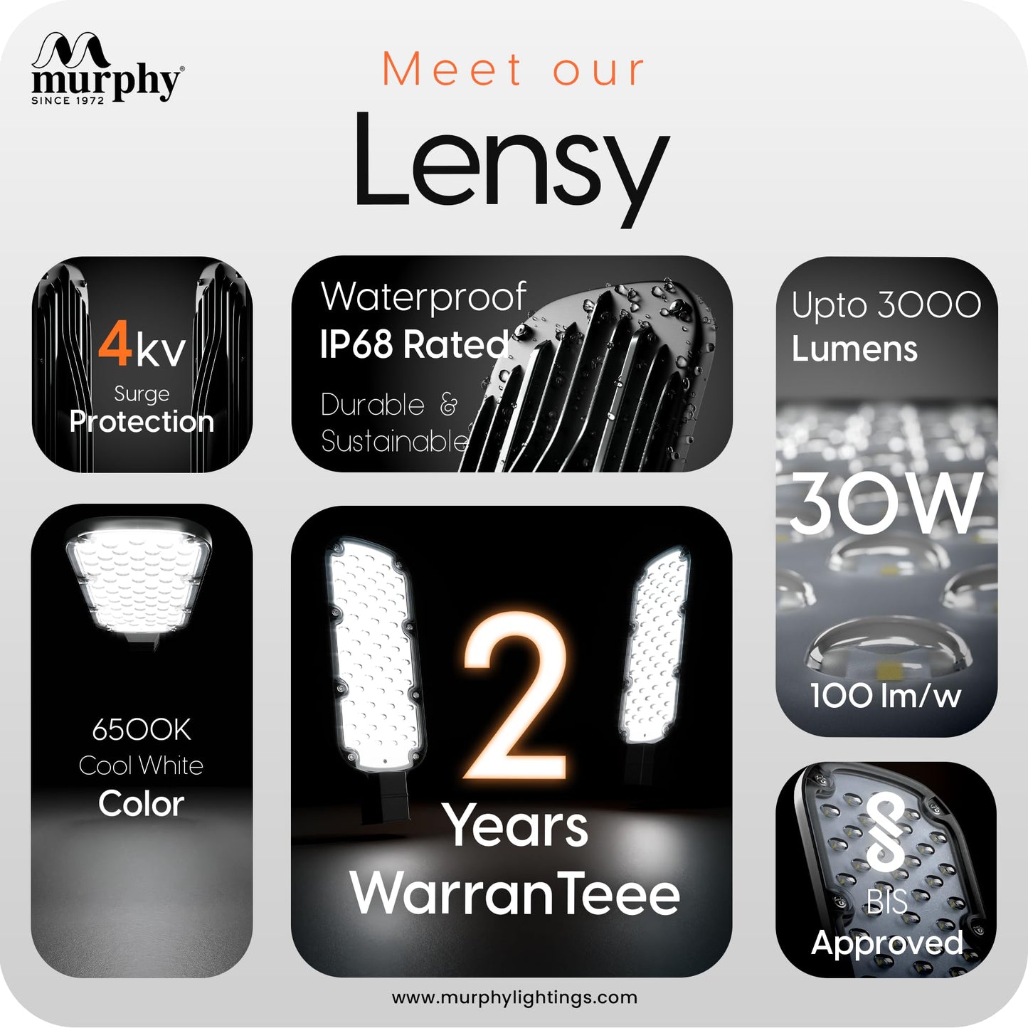 Murphy LED Lensy 30W Dusk to Dawn Auto Day/Night ON/Off Street Light, IP-65 Outdoor Light Cool White